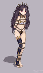 Rule 34 | 1girl, absurdres, arms behind back, asymmetrical legwear, bare shoulders, barefoot, bdsm, bikini, black hair, breasts, crown, earrings, fate (series), full body, highres, ishtar (fate), jewelry, legs together, long hair, looking at viewer, medium breasts, navel, nero augustus, nero augustus26, open mouth, red eyes, single thighhigh, standing, swimsuit, teeth, thighhighs, twintails, upper teeth only