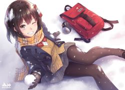 Rule 34 | 1girl, alternate costume, artist name, backpack, bag, black gloves, black hair, black pantyhose, blazer, blue jacket, bow, bowtie, brown eyes, brown hair, cardigan, commentary request, failure penguin, gloves, grey skirt, grin, hair ornament, jacket, kantai collection, looking at viewer, morigami (morigami no yashiro), one eye closed, pantyhose, plaid, plaid scarf, pleated skirt, red bow, red bowtie, remodel (kantai collection), scarf, school uniform, sendai (kancolle), sitting, skirt, smile, snow, snowball, solo, two side up, yellow scarf