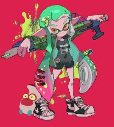 Rule 34 | 1girl, bike shorts, black footwear, breasts, commentary request, dot mouth, eyebrow cut, full body, green hair, green jacket, green shirt, hair ornament, hairpin, inkling, inkling girl, inkling player character, jacket, koike3582, long hair, nintendo, open clothes, open jacket, red background, shirt, simple background, small breasts, snipewriter (splatoon), solo, splatoon (series), splatoon 3, standing, straight-laced footwear, tentacle hair, two-tone footwear, weapon, white footwear, yellow eyes, zipper