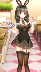 Rule 34 | 1girl, animal ears, black hair, black hairband, black necktie, blunt bangs, braid, breasts, brown thighhighs, cake, cake slice, checkered floor, cleavage, closed mouth, collarbone, detached collar, doukyuusei another world, dress, fake animal ears, fishnet thighhighs, fishnets, food, game cg, garter straps, grey dress, hairband, holding, holding plate, indoors, kakyuusei, kamiyama miko, leotard, long hair, looking at viewer, low twintails, medium breasts, necktie, plate, playboy bunny, pleated dress, purple eyes, rabbit ears, short dress, short necktie, smile, solo, standing, strapless, strapless dress, thighhighs, twin braids, twintails, wing collar, wrist cuffs, zettai ryouiki