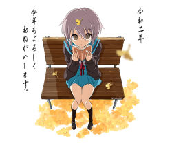 Rule 34 | 1girl, artist name, bench, black socks, blue sailor collar, blue skirt, blurry, blurry foreground, book, brown eyes, cardigan, closed mouth, expressionless, falling leaves, from above, hair between eyes, holding, holding book, kita high school uniform, kneehighs, kotoyoro, leaf, leaf on head, loafers, long sleeves, looking at viewer, looking up, miniskirt, nagato yuki, nanabuluku, new year, on bench, open cardigan, open clothes, park bench, pleated skirt, purple hair, red neckwear, reiwa, sailor collar, school uniform, serafuku, shoes, short hair, simple background, sitting, skirt, socks, solo, staring, suzumiya haruhi no yuuutsu, sweater, text focus, translated, watermark, white background, winter uniform