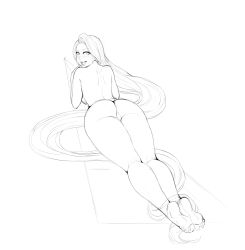 Rule 34 | 1girl, absurdly long hair, absurdres, ass, back, barefoot, breasts, disney, full body, greyscale, highres, large breasts, lips, lm (legoman), long hair, long legs, looking at viewer, looking back, md5 mismatch, monochrome, nude, pinup (style), rapunzel (disney), resized, sketch, smile, soles, solo, tangled, thighs, toes, upscaled, very long hair, wide hips