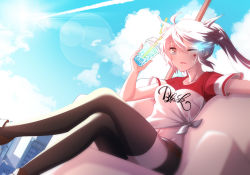 Rule 34 | 1girl, armchair, bad id, bad pixiv id, black rock shooter, black thighhighs, chair, character request, cityscape, cloud, collarbone, commentary request, crossed legs, cup, drinking straw, hair between eyes, heart, highres, holding, holding cup, hot, long hair, navel, one eye closed, oywj, shirt, shorts, sitting, sky, solo, sunlight, sweat, sweatdrop, t-shirt, thighhighs, twintails, white hair, window
