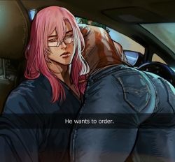 Rule 34 | 2boys, ass, car interior, cherry blossom (sk8), closed mouth, english text, glasses, green hair, he wants to order (meme), highres, joe (sk8), long hair, looking at viewer, lying on person, male focus, meme, multiple boys, orange shirt, pants, pink hair, selfie, shirt, short hair, sk8 the infinity, snapchat, thick thighs, thighs, tight clothes, tight pants, two-tone shirt, umikochannart, white shirt, yaoi