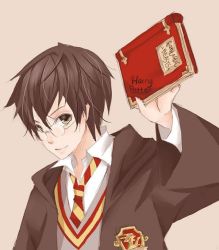 Rule 34 | 1boy, book, crest, fantastic beasts and where to find them, glasses, green eyes, harry potter, harry potter (series), looking at viewer, male focus, necktie, robe, scar, school uniform, solo, striped, striped necktie, sweater, v-neck, wizarding world