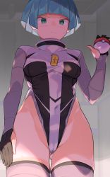 Rule 34 | 1girl, black gloves, black thighhighs, blunt bangs, blush, cameltoe, cleft of venus, commentary request, cowboy shot, creatures (company), game freak, gloves, green eyes, green hair, groin, highleg, highres, holding, holding poke ball, long sleeves, looking at viewer, mixed-language commentary, nintendo, poke ball, pokemon, pokemon dppt, short hair, solo, spring2013, standing, team galactic, team galactic grunt, team galactic uniform, thighhighs