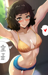 Rule 34 | 1girl, armpits, arms up, bikini, bikini top only, black hair, blush, breasts, brown eyes, closed mouth, collarbone, commentary, denim, denim shorts, embarrassed, english commentary, english text, heart, highres, indoors, kawakami sadayo, lainart, looking at viewer, medium breasts, navel, nervous smile, persona, persona 5, short hair, short shorts, shorts, smile, solo, spoken heart, stomach, sweat, swimsuit, thought bubble, wavy hair, yellow bikini