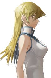 Rule 34 | 1girl, blonde hair, breasts, closed mouth, duel academy uniform (yu-gi-oh! gx), hair between eyes, long hair, looking at viewer, looking to the side, medium breasts, profile, rourou ill, shirt, simple background, sleeveless, sleeveless shirt, smile, solo, straight hair, tenjouin asuka, upper body, white background, white shirt, yellow eyes, yu-gi-oh!, yu-gi-oh! gx