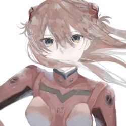 Rule 34 | 1girl, artist request, bodysuit, breasts, cowboy shot, expressionless, floating hair, hair between eyes, headgear, long hair, looking at viewer, medium breasts, neon genesis evangelion, plugsuit, shiny clothes, solo, souryuu asuka langley, white background