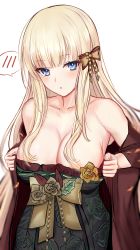 Rule 34 | 1girl, absurdres, areola slip, bare shoulders, blonde hair, blue eyes, blush, bow, breasts, cleavage, collarbone, efuri (riarea00), elf, hair bow, hair ornament, highres, large breasts, long hair, long sleeves, looking at viewer, open mouth, pointy ears, princess connect!, saren (christmas) (princess connect!), saren (princess connect!), sidelocks, simple background, solo, split mouth, white background, wide sleeves