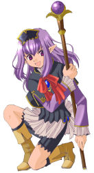 Rule 34 | 00s, 1girl, boots, brooch, elf, elvaan, final fantasy, final fantasy xi, holding, holding staff, jewelry, long hair, on one knee, pink eyes, pointy ears, prishe, purple hair, solo, staff