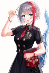 Rule 34 | 1girl, :d, admiral graf spee (azur lane), admiral graf spee (girl&#039;s sunday) (azur lane), admiral graf spee (girl&#039;s sunday) (azur lane), arm up, azur lane, bangle, black dress, blue eyes, blush, bracelet, breasts, bugles, bugles (food), bugles on fingers, buttons, collared dress, dress, fins, fish tail, food on hand, grey hair, highres, jewelry, looking at viewer, medium breasts, multicolored hair, necktie, niji (rudduf232), open mouth, red hair, red necktie, shark tail, short necktie, short sleeves, simple background, smile, solo, tail, tail raised, two-tone hair, upper body, white background