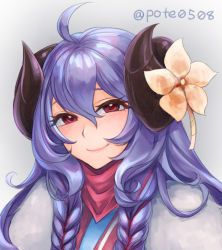 Rule 34 | 1girl, ahoge, alternate eye color, alternate hair color, alternate hairstyle, braid, curled horns, flower, fur (clothing), hair between eyes, hair flower, hair ornament, horns, japanese clothes, kindred (league of legends), lamb (league of legends), league of legends, long hair, looking at viewer, official alternate costume, official alternate hairstyle, pote0508, purple hair, red eyes, side braid, simple background, smile, solo, spirit blossom kindred, twin braids, twintails, white fur