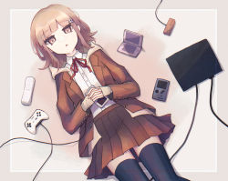Rule 34 | 1girl, :o, black thighhighs, blunt bangs, brown eyes, brown hair, brown jacket, brown skirt, collared shirt, commentary request, controller, danganronpa (series), danganronpa 3 (anime), dress shirt, from above, galaga, game boy, game boy (original), game console, game controller, glasses, hair ornament, handheld game console, highres, hope&#039;s peak academy school uniform, inase (inasenanaki), jacket, long sleeves, looking at viewer, lying, medium hair, miniskirt, nanami chiaki, neck ribbon, nintendo ds, on back, open clothes, open mouth, own hands together, pleated skirt, red ribbon, ribbon, school uniform, shirt, simple background, skirt, solo, thighhighs, white shirt, wii remote, zettai ryouiki