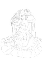 Rule 34 | 1girl, absurdres, bouquet, bow, dress, flower, greyscale, hatsune miku, highres, kurono yuu, lineart, long hair, looking at viewer, monochrome, open mouth, smile, solo, transparent background, twintails, vocaloid