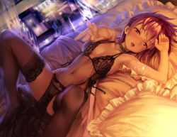 Rule 34 | 1girl, armlet, bed, black bra, black panties, black thighhighs, blush, bra, breasts, brown hair, collarbone, come hither, covered navel, dutch angle, female pubic hair, foreshortening, frilled pillow, frills, lace, lace-trimmed legwear, lace trim, lingerie, looking at viewer, lying, navel, negligee, on back, on bed, original, outstretched hand, panties, parted lips, pelvic curtain, pillow, popobobo, pubic hair, purple eyes, see-through, short hair, small breasts, solo, spread legs, tareme, thighhighs, underwear, underwear only, window