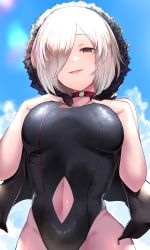 Rule 34 | 1girl, bare arms, bare shoulders, black eyes, black one-piece swimsuit, breasts, cape, choker, clothing cutout, cowboy shot, fang, hair over one eye, hands on own chest, hands up, highleg, highleg swimsuit, highres, hood, hooded cape, large breasts, navel, navel cutout, one-piece swimsuit, open mouth, red choker, shadowverse, shingeki no bahamut, short hair, smile, solo, swimsuit, white hair, wizardess of oz, yamato (muchuu paradigm)