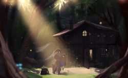 Rule 34 | 1boy, 1girl, backpack, bad id, bad pixiv id, bag, barrel, black hair, blue flower, blue skirt, cable, flower, forest, giant tree, grass, highres, house, lifting person, light particles, light rays, long hair, monster, moss, nature, oil lamp, open door, original, pantyhose, pet, pine tree, plant, plant roots, ponytail, ratatatat74, red flower, rope, scroll, shadow, shimenawa, sidelocks, skirt, stone, sunbeam, sunlight, tree, tree hollow, tree shade, unworn backpack, unworn bag, vines, white pantyhose, window