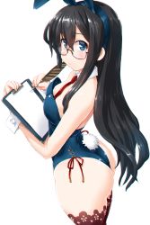 Rule 34 | 1girl, alternate costume, animal ears, ass, bare shoulders, between breasts, black hair, blue eyes, blush, breasts, brown thighhighs, cleavage, clipboard, dd (ijigendd), detached collar, fake animal ears, glasses, hair between eyes, highres, kantai collection, leotard, long hair, looking at viewer, necktie, necktie between breasts, ooyodo (kancolle), playboy bunny, quill, rabbit ears, rabbit tail, semi-rimless eyewear, side-tie leotard, simple background, small breasts, solo, standing, tail, thighhighs, white background, wrist cuffs