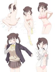 Rule 34 | 1girl, :d, ^ ^, absurdres, arm behind head, arms up, ass, bed sheet, black jacket, blazer, blush, bra, breasts, brown hair, brown skirt, cleavage, closed eyes, closed mouth, collared shirt, cropped legs, double bun, dress shirt, dressing, hair bun, highres, idolmaster, idolmaster shiny colors, jacket, large breasts, multiple views, neck ribbon, nipples, no shoes, nude, open mouth, panties, pink bra, pink panties, plaid, plaid skirt, pleated skirt, red eyes, ribbon, shirt, sincos, skirt, smile, socks, sonoda chiyoko, stretching, striped clothes, striped socks, sweater vest, twintails, underwear, underwear only, white shirt, yellow ribbon