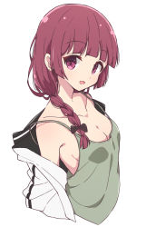 Rule 34 | 1girl, blunt bangs, bocchi the rock!, braid, braided ponytail, breasts, cleavage, collarbone, green tank top, highres, hiroi kikuri, jacket, long hair, looking at viewer, medium breasts, mel (melty pot), red eyes, red hair, simple background, solo, tank top, upper body, white background, white jacket