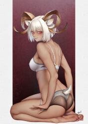 Rule 34 | 1girl, absurdres, alternate costume, animal ears, arknights, bad feet, bare legs, barefoot, black panties, blush, bra, breasts, carnelian (arknights), chinese commentary, closed mouth, clothing cutout, dark-skinned female, dark skin, from side, full body, goat ears, goat girl, goat horns, goat tail, highres, horns, lips, looking at viewer, medium breasts, panties, panty pull, patterned background, red eyes, seductive smile, seiza, short hair, signature, sitting, smile, soles, solo, tail, tail through clothes, two-tone panties, underwear, underwear only, von.franken, white bra, white hair, white panties