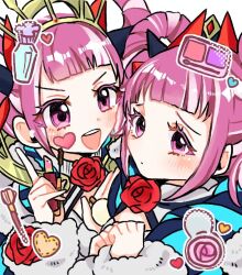 2girls dress facial_mark fire_emblem fire_emblem_engage flower folded_twintails hair_rings heart heart_facial_mark hortensia_(fire_emblem) mamumamuhkd multicolored_hair multicolored_tiara multiple_girls nintendo pink_eyes pink_hair red_flower red_rose rose striped_clothes striped_dress two-tone_hair vertical-striped_clothes vertical-striped_dress