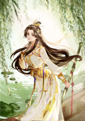 Rule 34 | 1girl, artist request, black hair, canoe, closed mouth, collared dress, dress, hair bun, hair ornament, hand in own hair, highres, huang rong (she diao ying xiong zhuan), leaf, long hair, long sleeves, second-party source, she diao ying xiong zhuan, sheath, sheathed, smile, solo, tassel, upper body, water, yellow dress