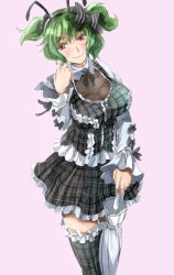 Rule 34 | 1girl, adapted costume, alternate color, antennae, blush, breasts, cleavage, closed umbrella, frills, green hair, hairband, jewelry, kazami yuuka, large breasts, plaid, plaid legwear, plaid shirt, plaid skirt, red eyes, ring, shirt, simple background, skirt, smile, solo, thighhighs, touhou, twintails, umbrella, wedding band, yohane