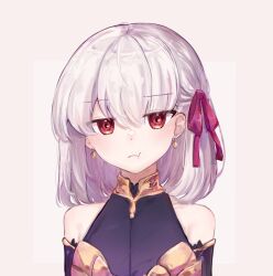 Rule 34 | 1girl, :t, bare shoulders, border, brown border, commentary, cowlick, detached sleeves, dress, earrings, fate/grand order, fate (series), hair between eyes, hair ribbon, highres, jewelry, kama (fate), kama (first ascension) (fate), kamu 017, looking at viewer, outside border, portrait, pout, purple dress, purple ribbon, purple sleeves, red eyes, ribbon, short hair, simple background, solo, straight-on, white background, white hair