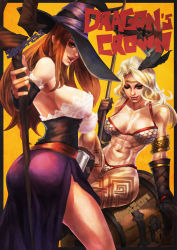 Rule 34 | 2girls, abs, absurdres, amazon (dragon&#039;s crown), armor, ass, between buttocks, bikini armor, black gloves, blonde hair, blue eyes, breasts, brown hair, commentary, copyright name, detached sleeves, dragon&#039;s crown, dress, english commentary, gloves, hat, hat over one eye, highres, large breasts, leg tattoo, lips, long hair, long skirt, looking at viewer, medium breasts, monori rogue, multiple girls, muscular, muscular female, nose, one eye closed, parted lips, side slit, sitting, skirt, sorceress (dragon&#039;s crown), staff, strapless, strapless dress, tattoo, treasure chest, witch hat