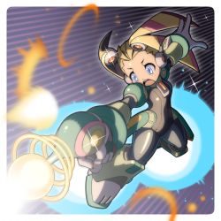 Rule 34 | 1girl, android, armor, armored boots, black bodysuit, black gloves, blonde hair, blue eyes, blush, bodysuit, boots, breasts, commentary request, energy gun, firing, full body, glint, gloves, green armor, gun, holding, holding gun, holding weapon, long hair, mega man (series), mega man x8, mega man x (series), napo, open mouth, pallette (mega man), ray gun, robot ears, rocket boots, small breasts, solo, teeth, twintails, upper teeth only, weapon