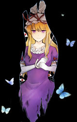 Rule 34 | 1girl, black background, blue butterfly, bug, butterfly, closed mouth, cowboy shot, dress, elbow gloves, frilled sleeves, frills, gap (touhou), gloves, hat, hat ribbon, holding, holding umbrella, insect, koto (shiberia39), long hair, looking at viewer, mob cap, purple dress, purple eyes, red eyes, red ribbon, ribbon, shading, short sleeves, sidelocks, simple background, smile, solo, touhou, umbrella, white gloves, white hat, yakumo yukari