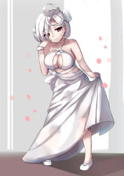 Rule 34 | 1girl, absurdres, ahoge, azur lane, bare shoulders, bolt (hardware), breasts, bustier, center opening, eyes visible through hair, hair over one eye, halterneck, highres, jewelry, large breasts, leaning forward, long skirt, looking at viewer, red eyes, ring, short hair, shou jian yu, skirt, smile, solo, standing, stitches, terror (azur lane), white footwear, white hair, white skirt