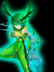 Rule 34 | 10s, 1girl, antlers, aura, bad id, bad pixiv id, blue eyes, bodysuit, bruce lee&#039;s jumpsuit, claws, electricity, glowing, glowing eyes, green hair, horns, huang baoling, pointy ears, rduuroorn, short hair, solo, tiger &amp; bunny