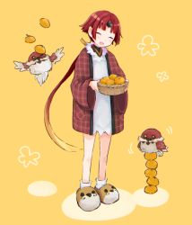 Rule 34 | 1girl, animal slippers, apron, basket, benienma (fate), bird, brown hair, closed eyes, fate/grand order, fate (series), food, fruit, hanten (clothes), inahonoe, low ponytail, mandarin orange, slippers, smile, sparrow, yellow background