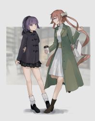 Rule 34 | 2girls, absurdres, aqua eyes, arm behind back, arm up, bag, black footwear, bow, brown footwear, carcano m1891 (girls&#039; frontline), carcano m91/38 (girls&#039; frontline), casual, closed mouth, coat, cup, dress, full body, girls&#039; frontline, green coat, hair bow, highres, holding, holding cup, jacket, katyopunch, long hair, looking at another, medium hair, multiple girls, open clothes, open coat, orange hair, purple hair, purple jacket, short ponytail, simple background, skirt, smile, socks, standing, standing on one leg, white dress