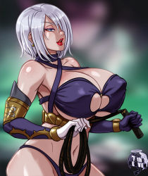 Rule 34 | 1girl, 7th-heaven, blue eyes, breasts, cleavage, collarbone, earrings, hair over one eye, highres, huge breasts, isabella valentine, jewelry, navel, red lips, revealing clothes, soul calibur, stud earrings, tagme, upper body, whip, white hair