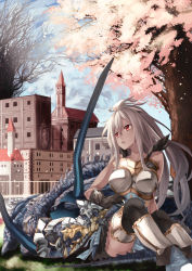 Rule 34 | 10s, 1girl, architecture, armor, armored dress, bad id, bad pixiv id, bare shoulders, boots, building, cherry blossoms, cloud, cloudy sky, dark-skinned female, dark skin, day, dragon, gloves, granblue fantasy, grass, highres, long hair, looking to the side, open mouth, outdoors, petals, red eyes, saraki, sitting, sky, sleeveless, teeth, thighhighs, town, tree, white hair, wind, zooey (granblue fantasy)