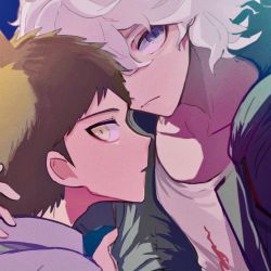 Rule 34 | 2boys, black hair, blush, brown eyes, brown hair, buwei (ironypot), close-up, collarbone, collared shirt, commentary, danganronpa (series), danganronpa 2: goodbye despair, film grain, from side, frown, green jacket, hinata hajime, jacket, komaeda nagito, looking at another, looking at viewer, male focus, multiple boys, open clothes, open jacket, parted lips, print shirt, profile, purple eyes, shirt, short hair, symbol-only commentary, upper body, white hair, yaoi