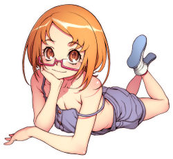Rule 34 | 10s, 1girl, adapted costume, blush, eyelashes, glasses, head rest, hijiri rei, light smile, looking at viewer, lying, matching hair/eyes, naked overalls, no bra, on stomach, orange eyes, orange hair, overalls, pink-framed eyewear, precure, shirabe ako, short hair, simple background, smile, solo, strap slip, suite precure, white background