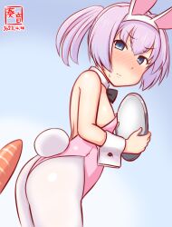 Rule 34 | 1girl, animal ears, ass, bare shoulders, black bow, black bowtie, blue eyes, blush, bow, bowtie, carrot, covered navel, detached collar, embarrassed, fake animal ears, fake tail, kanon (kurogane knights), kantai collection, leotard, looking back, one-hour drawing challenge, pantyhose, pink hair, pink leotard, playboy bunny, ponytail, rabbit ears, rabbit tail, ribbon, sexually suggestive, shiranui (kancolle), short hair, short ponytail, strapless, strapless leotard, tail, traditional bowtie, tray, white pantyhose, wrist cuffs