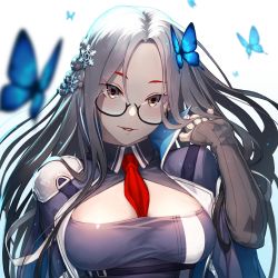 Rule 34 | 1girl, azur lane, blue butterfly, blue cloak, blue dress, blurry, blurry foreground, braid, breasts, bug, butterfly, cleavage, cleavage cutout, cloak, clothing cutout, collared dress, commentary request, detached sleeves, dress, glasses, grey hair, grey sleeves, hair ornament, hand up, insect, large breasts, long hair, long sleeves, looking at viewer, mitchy1023, necktie, neckwear between breasts, parted bangs, parted lips, red necktie, ribbed sleeves, semi-rimless eyewear, shangri-la (azur lane), sidelocks, simple background, smile, snowflake hair ornament, solo, standing, taut clothes, taut dress, upper body, very long hair, white background