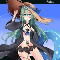 Rule 34 | 1girl, adapted costume, armlet, between breasts, bikini, black bikini, blue ribbon, blush, bow, breasts, furisode, green hair, groin, hair between eyes, hair flaps, hair ornament, hairclip, hat, hat bow, hebitsukai-san, highres, japanese clothes, kantai collection, kimono, long hair, looking at viewer, medium breasts, open mouth, ponytail, ribbon, smile, solo, straw hat, sun hat, swimsuit, thighs, yamakaze (kancolle)