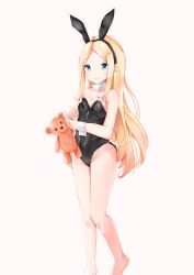 Rule 34 | 1girl, abigail williams (fate), absurdres, animal ears, bare shoulders, barefoot, black hairband, black leotard, blonde hair, blue eyes, closed mouth, collarbone, commentary request, covered navel, fake animal ears, fate/grand order, fate (series), feet out of frame, hairband, highres, holding, holding stuffed toy, leotard, long hair, looking at viewer, parted bangs, pink background, rabbit ears, simple background, smile, solo, standing, stuffed animal, stuffed toy, teddy bear, very long hair, wrist cuffs, yukaa