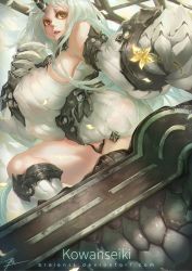 Rule 34 | 10s, 1girl, abyssal ship, bare shoulders, black panties, breasts, claws, covered erect nipples, detached sleeves, dress, flower, from side, horns, huge breasts, kantai collection, long hair, long sleeves, looking at viewer, pale skin, panties, pantyshot, parted lips, raion (soraelf), ribbed dress, seaport princess, see-through, see-through silhouette, short dress, single horn, solo, standing, sweater, sweater dress, underwear, very long hair, white dress, white hair