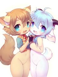 Rule 34 | 2boys, :d, animal ear fluff, animal ears, blue eyes, blue hair, bottomless, brown hair, cheek-to-cheek, child, crop top, crunchobar, fox ears, fox tail, furry, furry male, gloves, goat horns, goat tail, heads together, horizontal pupils, horns, interlocked fingers, looking at viewer, multiple boys, open mouth, original, scarf, second-party source, short hair, short hair with long locks, smile, striped clothes, striped scarf, tail