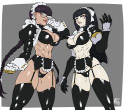 Rule 34 | 2girls, abs, alternate costume, areola slip, armor, black eyes, black hair, black lagoon, brass knuckles, breasts, cleavage cutout, clothing cutout, crossover, dominatrix, female focus, glasses, gloves, hand on glasses, highres, lace, large breasts, lingerie, long hair, looking at viewer, maid, maid headdress, midriff, multiple girls, muscular, muscular female, muscular legs, narberal gamma, navel, overlord (maruyama), pale skin, reabault, roberta (black lagoon), thick thighs, thighs, threatening, underwear, weapon