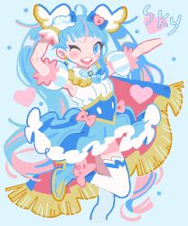 Rule 34 | 1girl, ;d, ahoge, arms up, bachikori-ken, blue background, blue cape, blue eyes, blue footwear, blue hair, blue skirt, blush, bow, cape, character name, commentary request, cure sky, detached sleeves, earrings, frilled skirt, frills, gloves, heart, highres, hirogaru sky! precure, jewelry, long hair, looking at viewer, magical girl, one eye closed, open mouth, pink bow, pink hair, precure, puffy detached sleeves, puffy sleeves, shirt, shoes, skirt, smile, solo, standing, standing on one leg, thighhighs, twintails, two-sided cape, two-sided fabric, v-shaped eyebrows, very long hair, white gloves, white shirt, white thighhighs, wing hair ornament