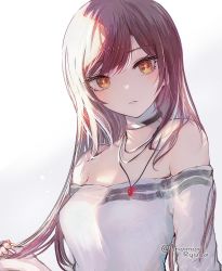 1girl, :o, black choker, blush, breasts, choker, hand in own hair, idolmaster, idolmaster shiny colors, inaeda kei, looking at viewer, medium breasts, off-shoulder shirt, off shoulder, osaki amana, red hair, shirt, simple background, solo, upper body, white background, yellow eyes